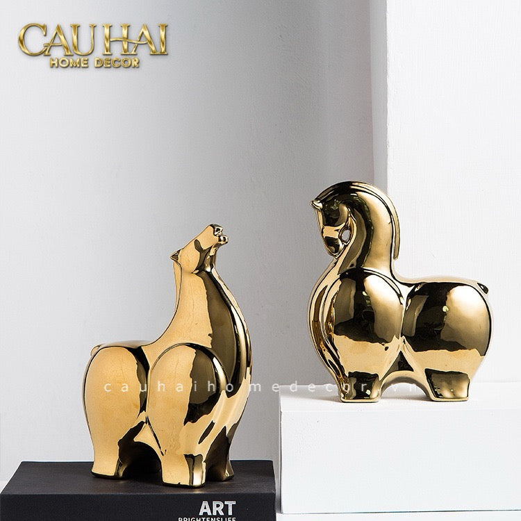 Tết Couture - Set 2 Tượng Ngựa Gốm Golden Cheval Gardien de Fortune H22/25 - CẬU HAI HOME DECOR