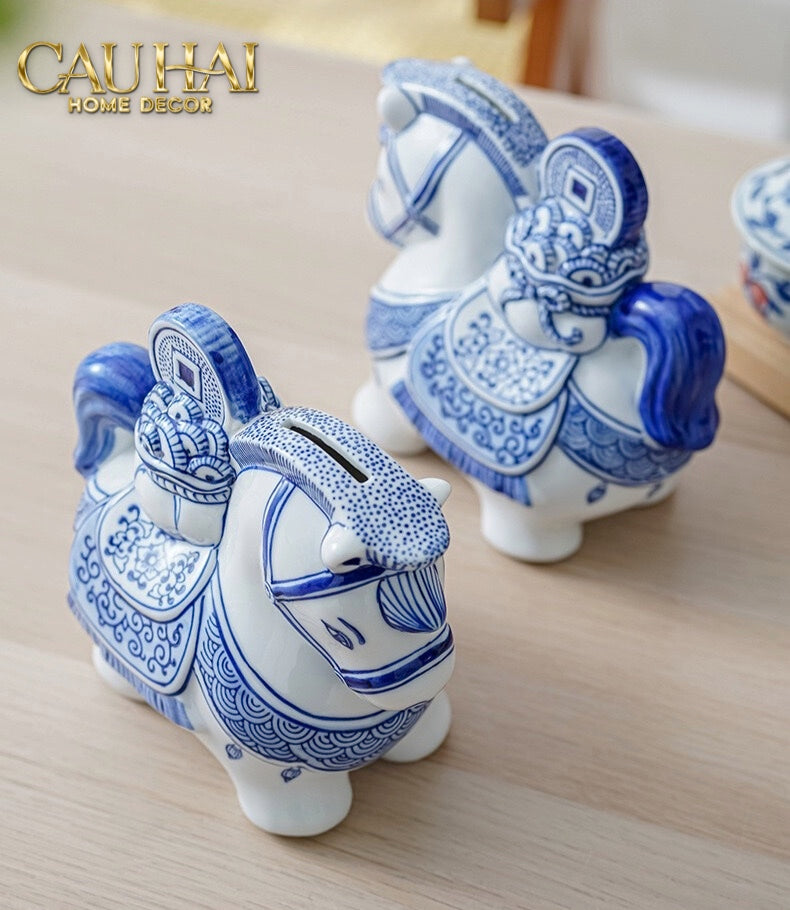 Tết Couture - Set 2 Tượng Ngựa Sứ - Thanh Hoa - Indochine Héritage Indigo Porcelain Cheval - CẬU HAI HOME DECOR