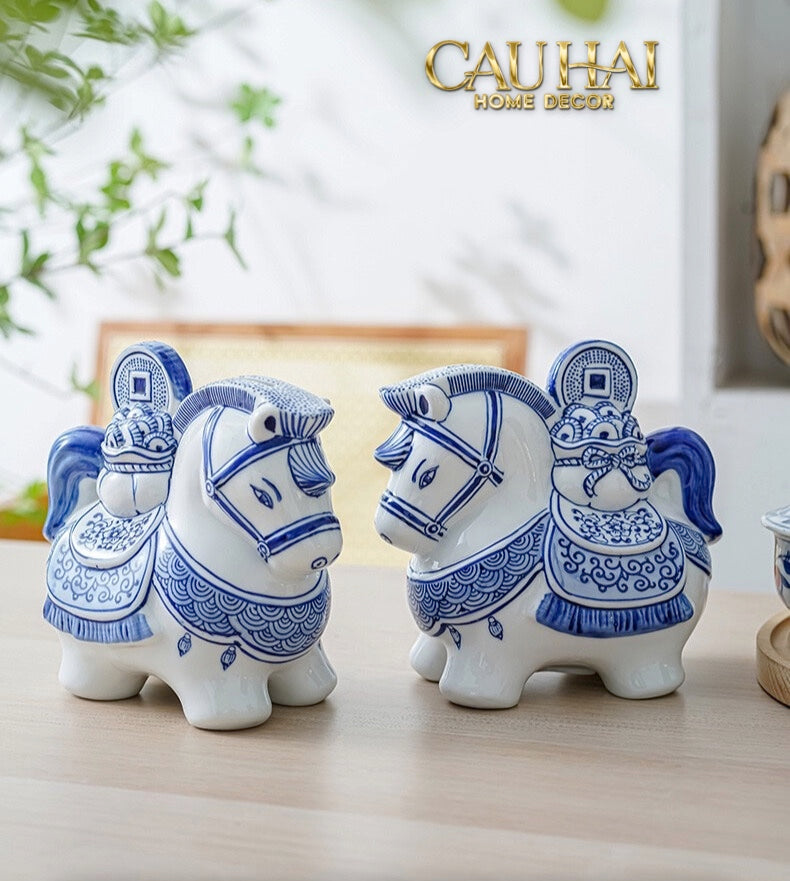 Tết Couture - Set 2 Tượng Ngựa Sứ - Thanh Hoa - Indochine Héritage Indigo Porcelain Cheval - CẬU HAI HOME DECOR
