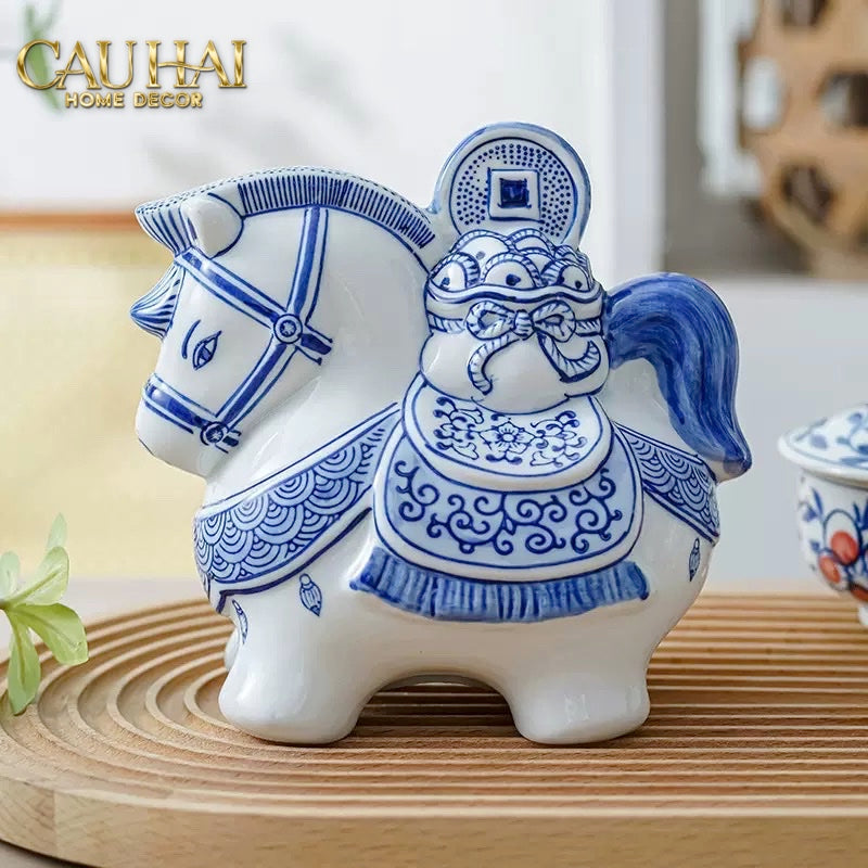 Tết Couture - Set 2 Tượng Ngựa Sứ - Thanh Hoa - Indochine Héritage Indigo Porcelain Cheval - CẬU HAI HOME DECOR