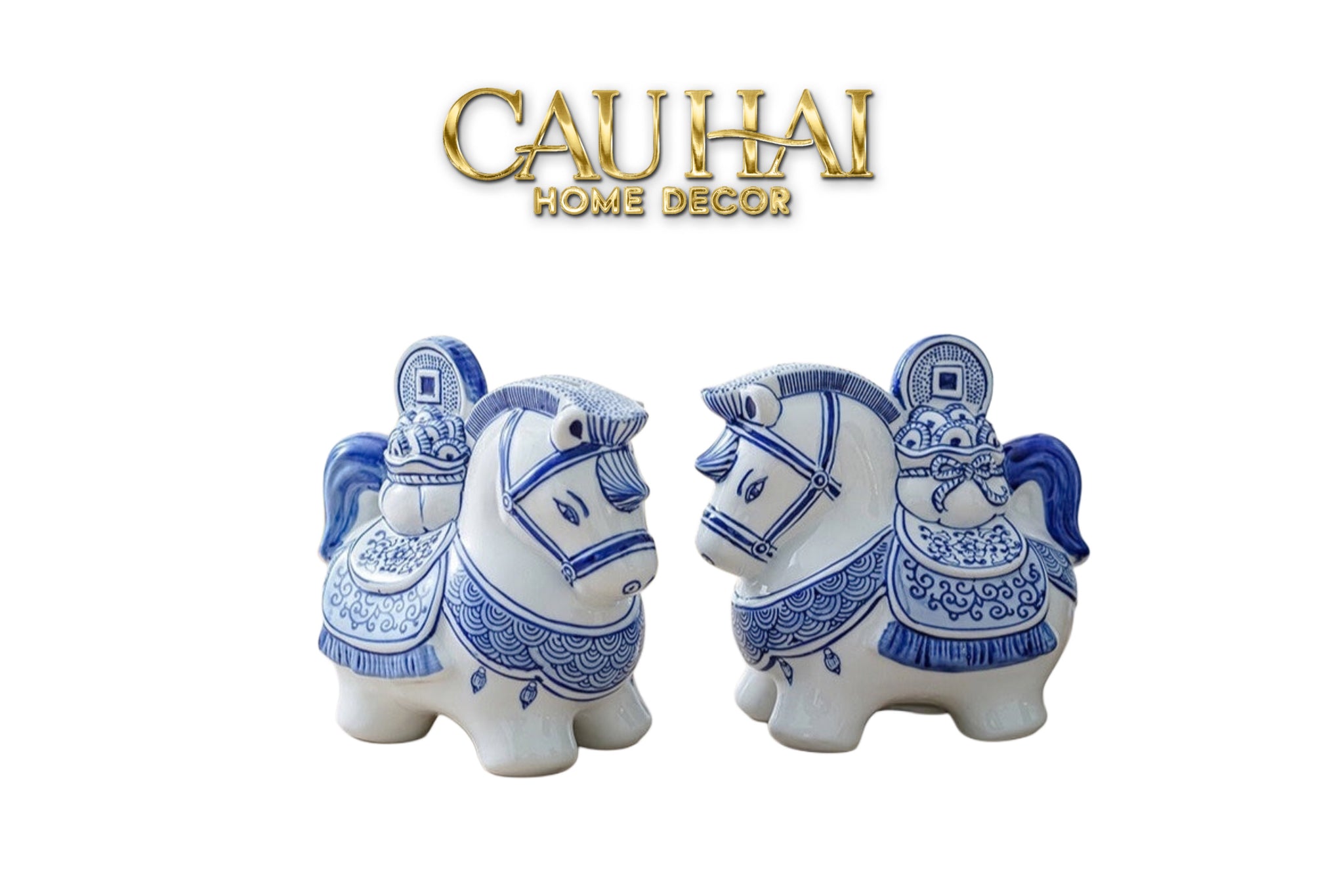 Tết Couture - Set 2 Tượng Ngựa Sứ - Thanh Hoa - Indochine Héritage Indigo Porcelain Cheval - CẬU HAI HOME DECOR