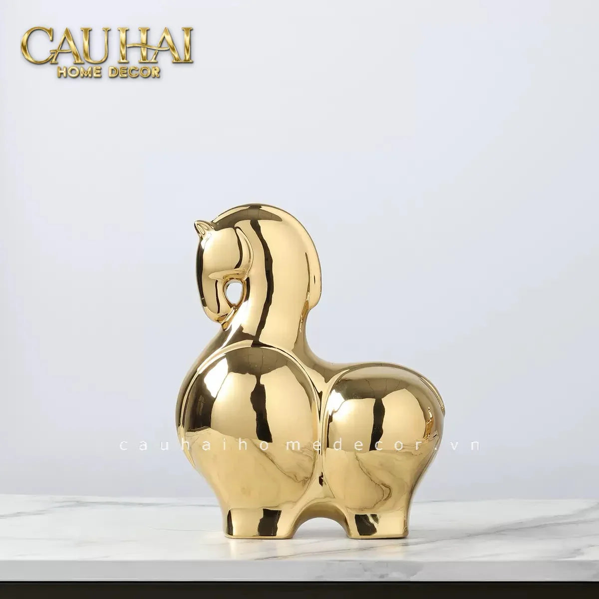 Tết Couture - Set 2 Tượng Ngựa Sứ Tráng Men Mạ Vàng Golden Cheval de Fortune H22/25-CẬU HAI HOME DECOR
