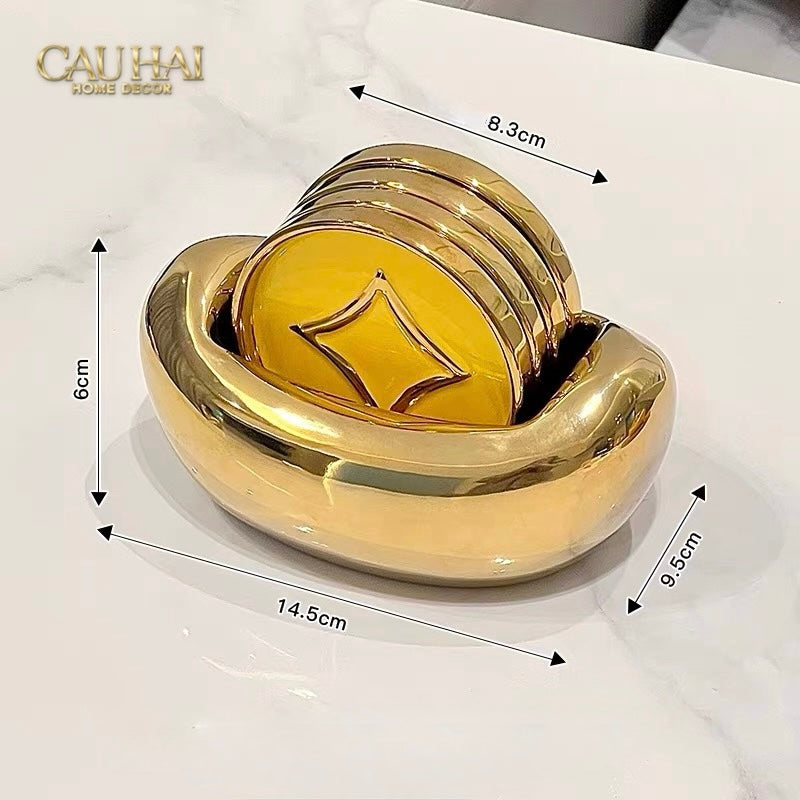Tết Couture - Set 4 Lót Ly Sứ Đồng Tiền Tài Lộc Golden Coin Ceramic Glasses Coaster-CẬU HAI HOME DECOR