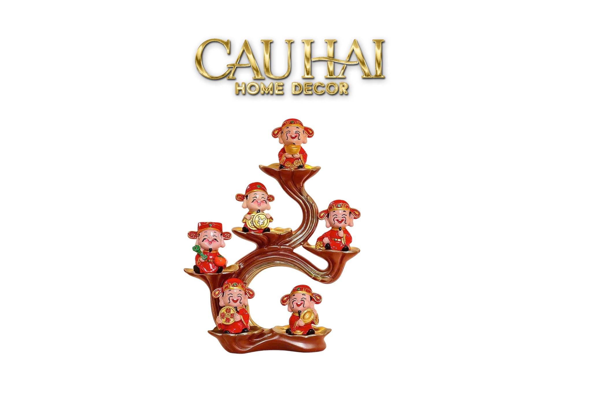 Tết Couture - Set 6 Tượng Thần Tài Tụ Bảo (Bao Gồm Đế Nhánh Cây Tài Lộc)