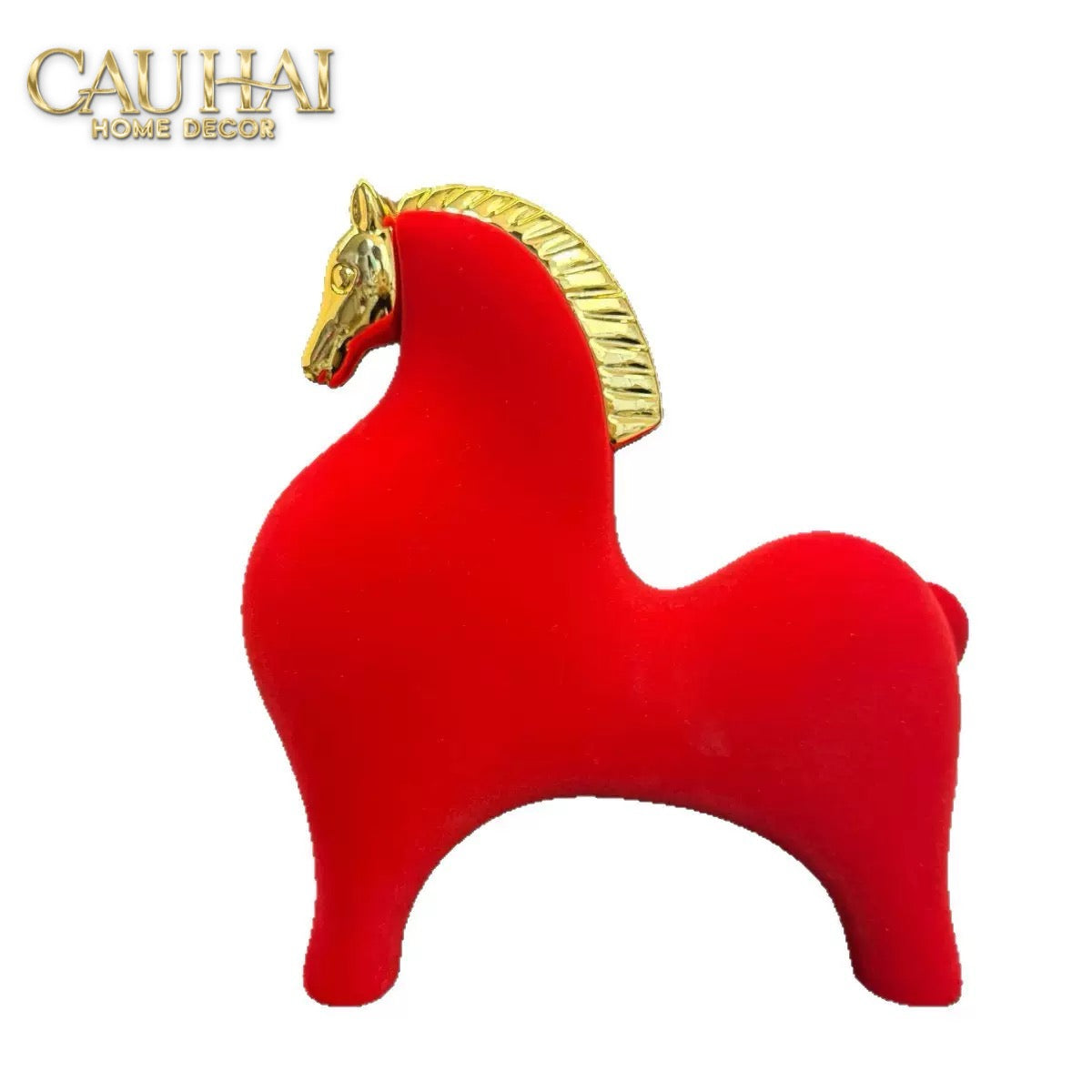 Tết Couture - Tượng Ngựa Nhung Đỏ Mạ Vàng - Đại Hồng Mã Phú Quý 18x22-CẬU HAI HOME DECOR