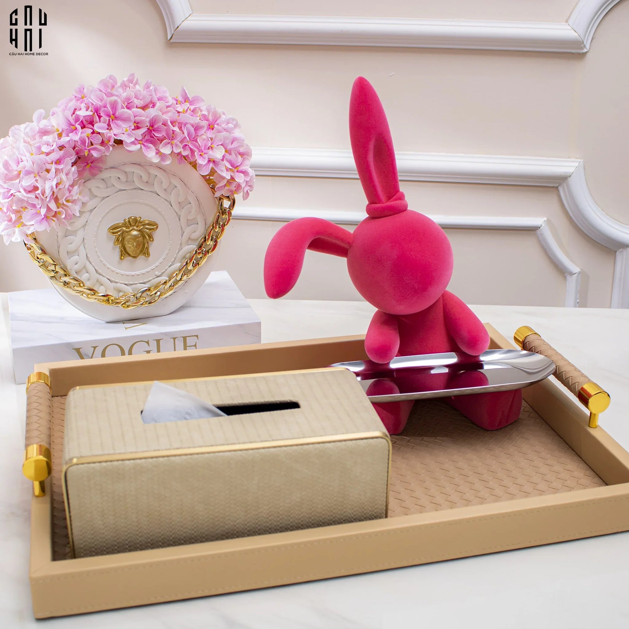 Tết Couture - Tượng Thỏ Nhung - Figurine Lapin Pink Velour Maison H30 - CẬU HAI HOME DECOR