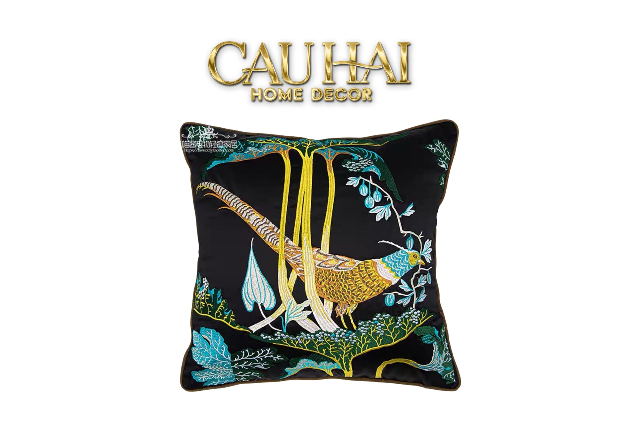 Tết Couture - Vỏ Gối Lụa Thêu 3D Hoàng Điểu Tứ Quý - Minh Hoàng 45-CẬU HAI HOME DECOR