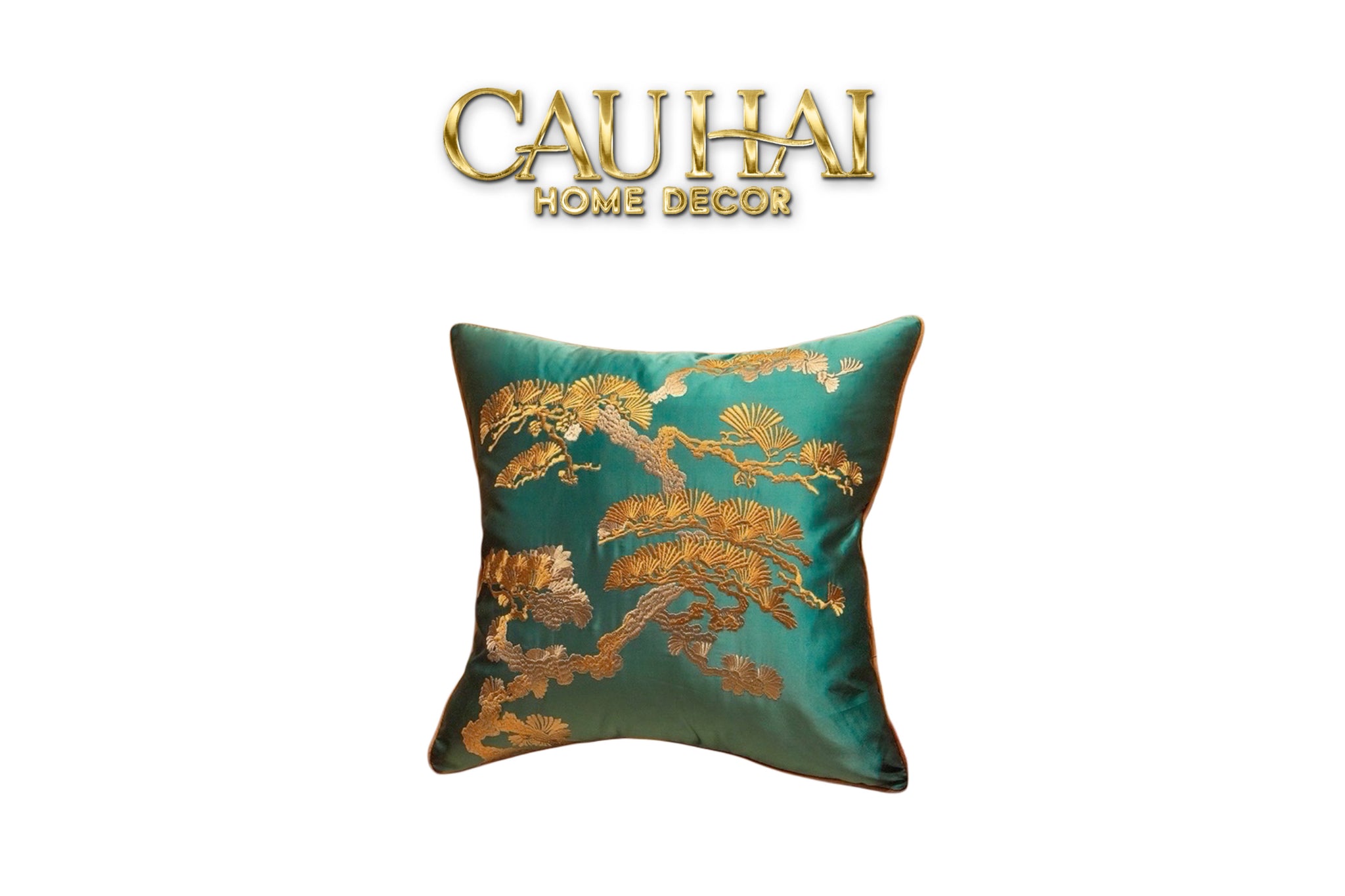 Tết Couture - Vỏ Gối Lụa Thêu Chỉ Vàng Lục Tùng Bách-CẬU HAI HOME DECOR