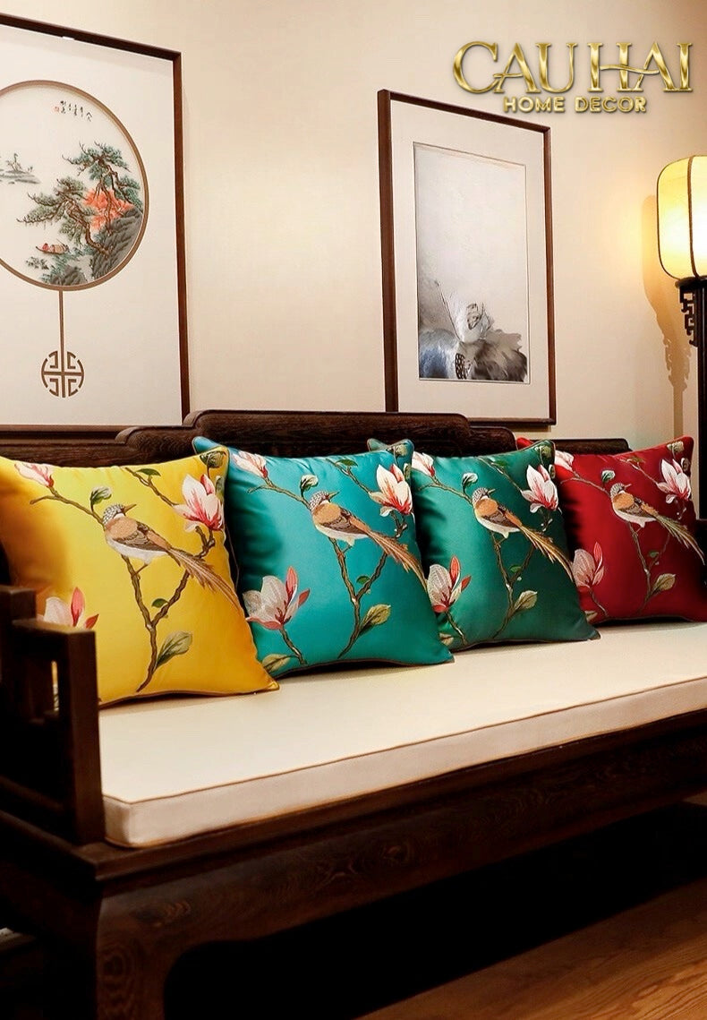 Tết Couture - Vỏ Gối Lụa Thêu Hỷ Tường Điểu 45 - CẬU HAI HOME DECOR