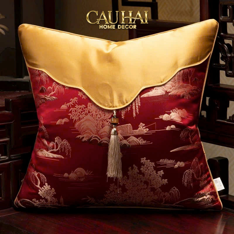 Tết Couture - Vỏ Gối Lụa Thêu Hỷ Vân Minh Châu 45 Xoá giúp em biến thể mẫu đơn hỷ uyển - CẬU HAI HOME DECOR