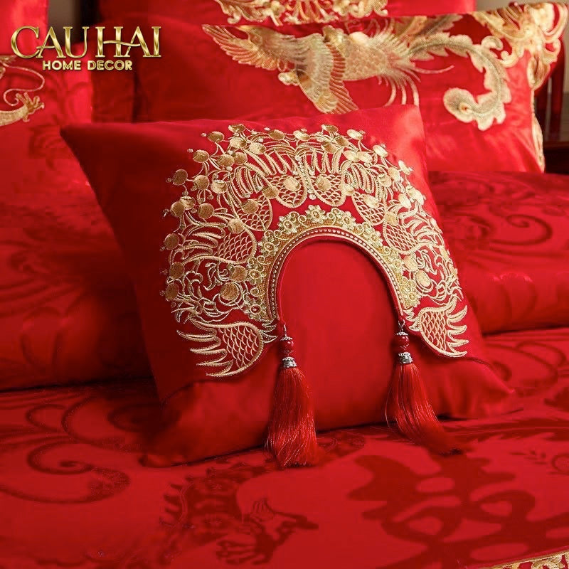 Tết Couture - Vỏ Gối Lụa Thêu - Impérial Phoenix Rouge Vermillon Empress 45 - CẬU HAI HOME DECOR