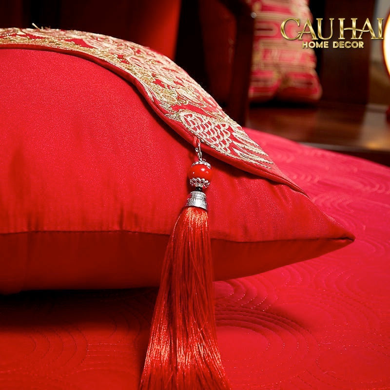 Tết Couture - Vỏ Gối Lụa Thêu - Impérial Phoenix Rouge Vermillon Empress 45 - CẬU HAI HOME DECOR