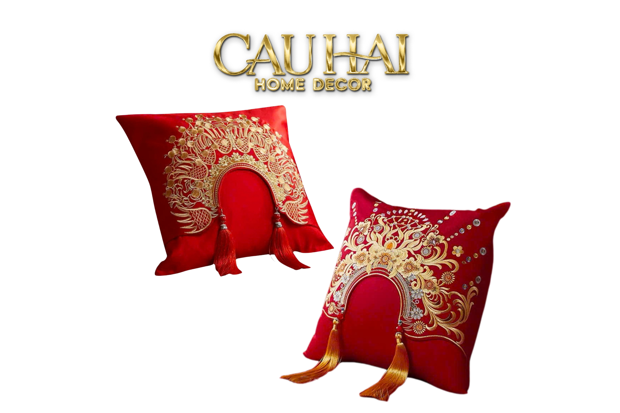 Tết Couture - Vỏ Gối Lụa Thêu - Impérial Phoenix Rouge Vermillon Empress 45 - CẬU HAI HOME DECOR