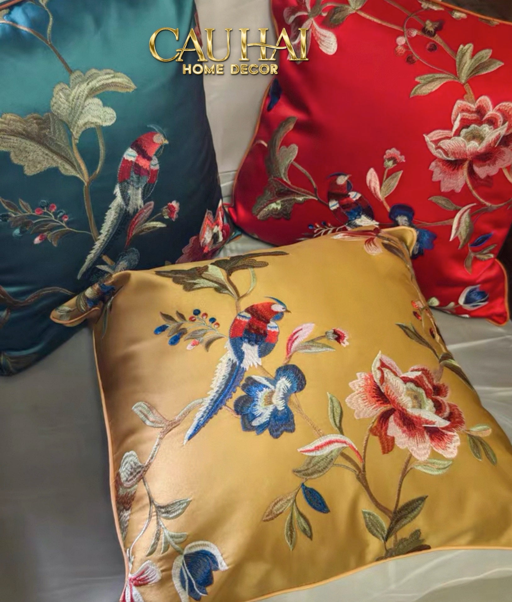 Tết Couture - Vỏ Gối Lụa Thêu Kim/ Hỷ Nhã Cầm 45 - CẬU HAI HOME DECOR