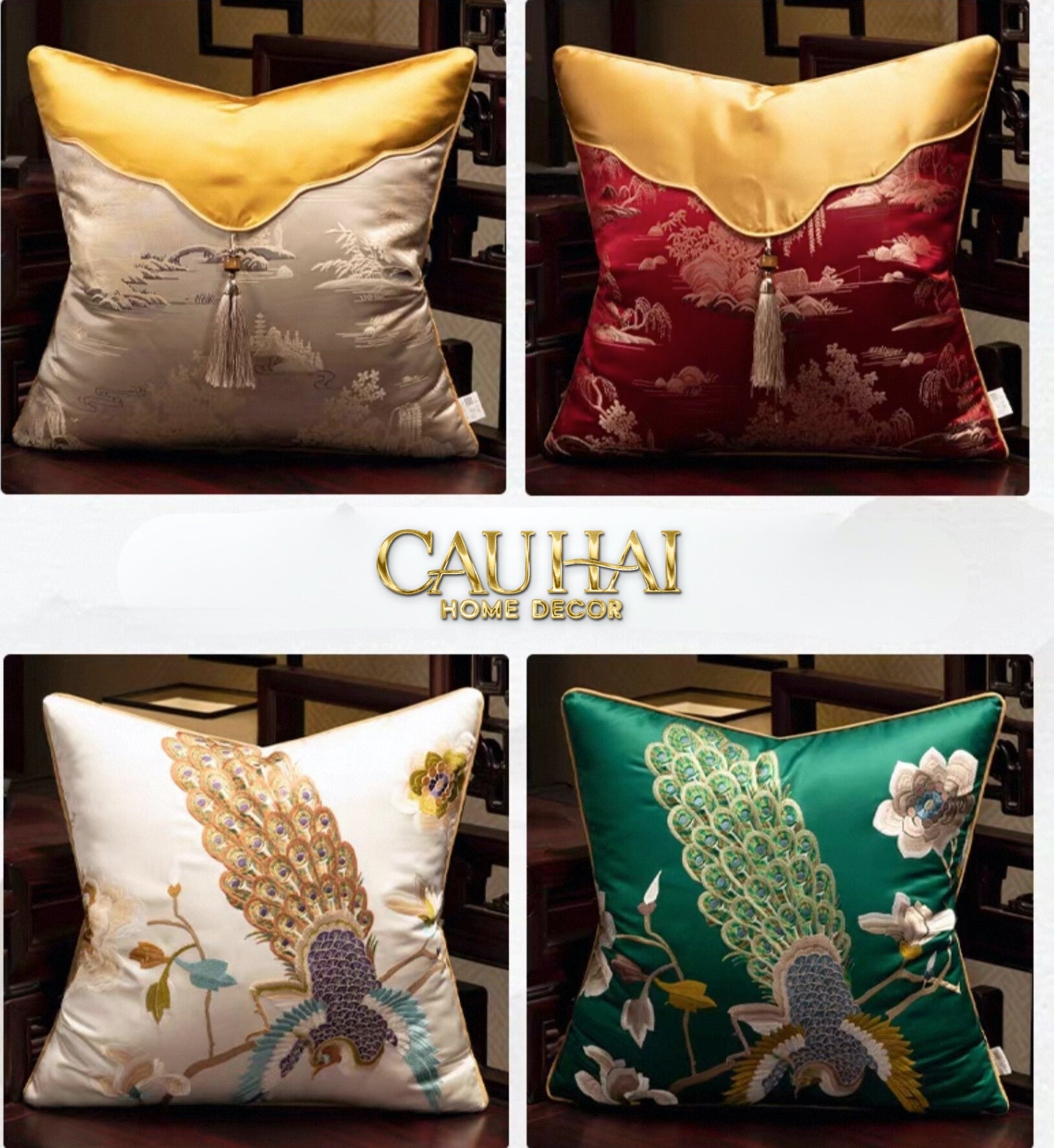 Tết Couture - Vỏ Gối Lụa Thêu Tước Vũ Hoàng Triều 45 - CẬU HAI HOME DECOR