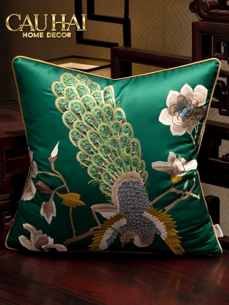 Tết Couture - Vỏ Gối Lụa Thêu Tước Vũ Hoàng Triều 45 - CẬU HAI HOME DECOR