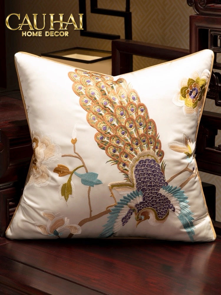 Tết Couture - Vỏ Gối Lụa Thêu Tước Vũ Hoàng Triều 45 - CẬU HAI HOME DECOR