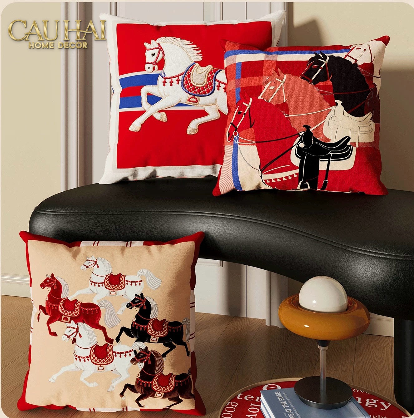 Tết Couture - Vỏ Gối Nhung Équestre Cheval Bleu Royal Divin 45-CẬU HAI HOME DECOR