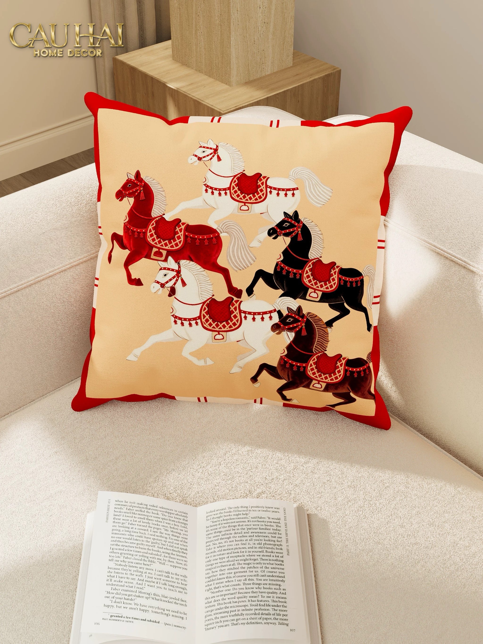 Tết Couture - Vỏ Gối Nhung Équestre Cheval Bleu Royal Divin 45-CẬU HAI HOME DECOR