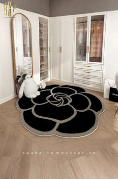 Thảm Bed Tròn Dệt Kim Hoa Trà Đen D100 Camélia Noir-THẢM TRÒN - THẢM BED-CẬU HAI HOME DECOR