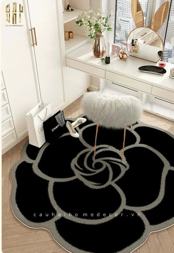 Thảm Bed Tròn Dệt Kim Hoa Trà Đen D100 Camélia Noir-THẢM TRÒN - THẢM BED-CẬU HAI HOME DECOR