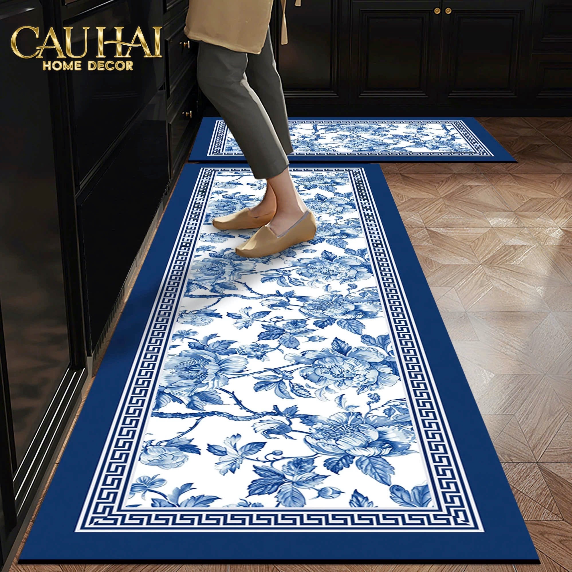 Thảm Bếp Microfiber 150 - Porcelain Revival Art - Indochine Oriental Bloom Kitchen Mat - CẬU HAI HOME DECOR