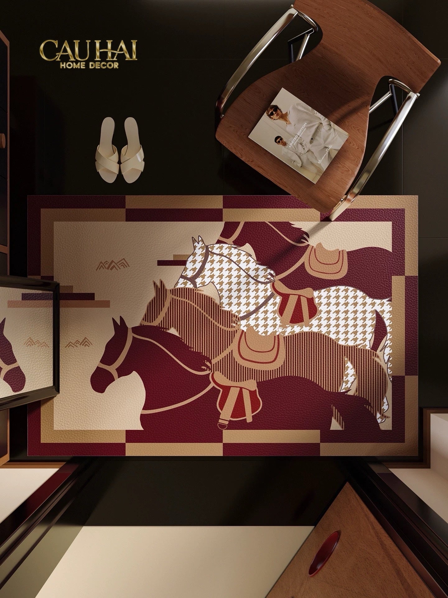 Thảm Cửa Da 60x90 - Rouge de Voyage Équestre · Pied-de-Poule - CẬU HAI HOME DECOR