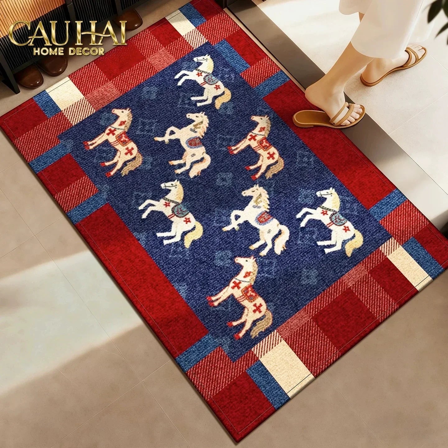 Thảm Cửa Sợi Dệt 60x90 Ngựa Hoàng Gia - Petite Équestre Royale Bleu Fleur de Monogram-CẬU HAI HOME DECOR