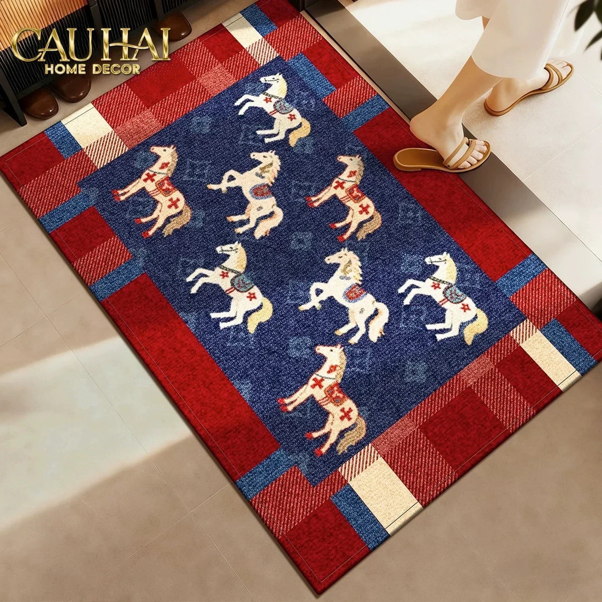 Thảm Cửa Sợi Dệt 60x90 Ngựa Hoàng Gia - Petite Équestre Royale Bleu Fleur de Monogram-THẢM CỬA-CẬU HAI HOME DECOR
