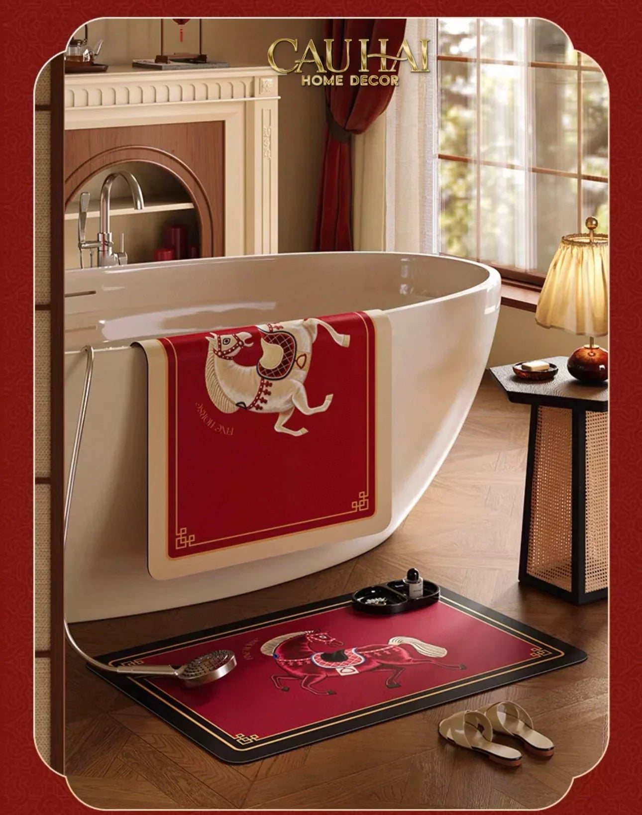 Thảm Cửa / Thảm Bathroom Micro Nappa Gen8 55*90/60*120 - Impérial Équestre Embroidered Cheval - Ruby Rouge-Thảm cửa / bathroom-CẬU HAI HOME DECOR