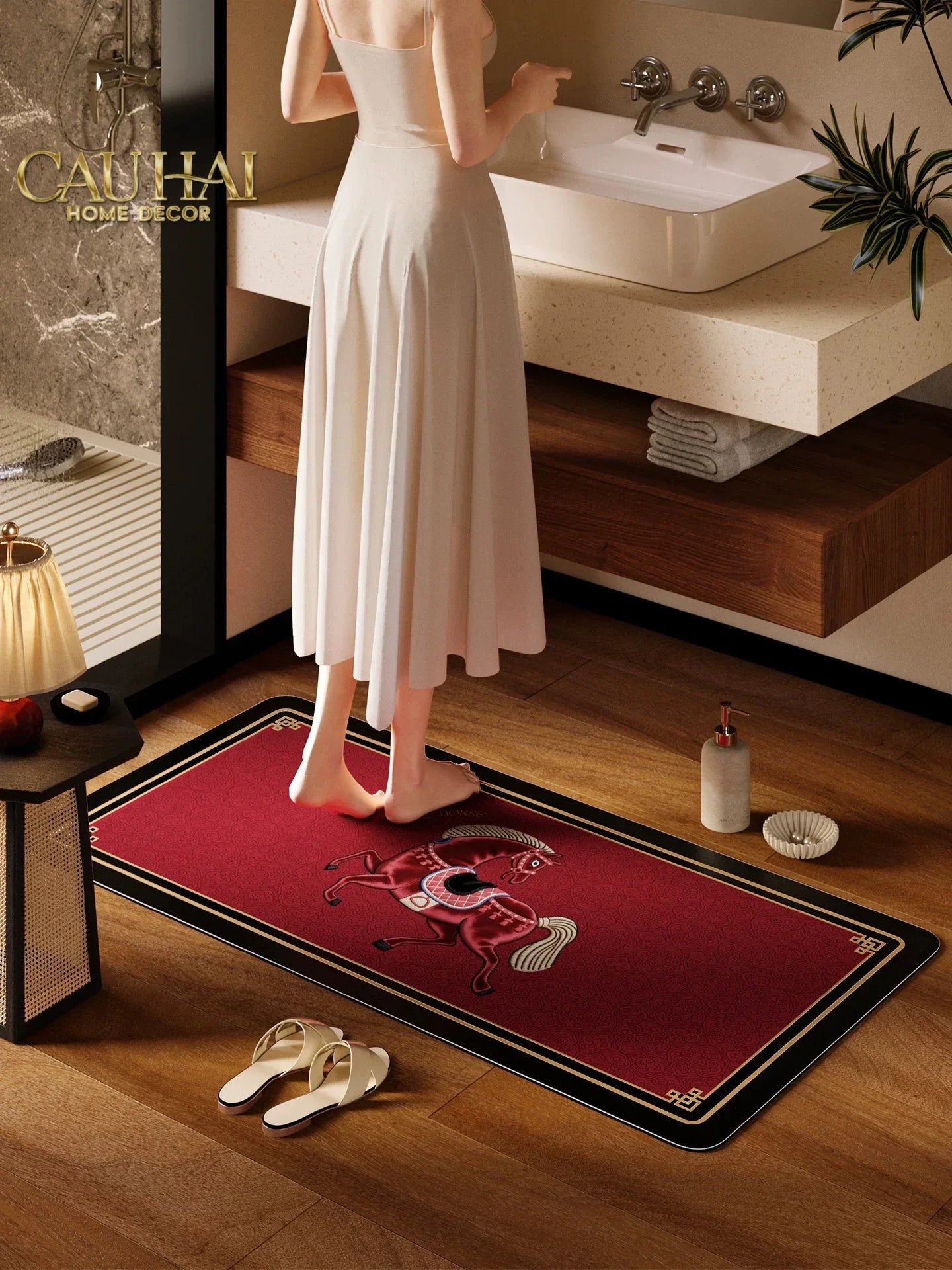 Thảm Cửa / Thảm Bathroom Micro Nappa Gen8 55*90/60*120 - Impérial Équestre Embroidered Cheval - Ruby Rouge-Thảm cửa / bathroom-CẬU HAI HOME DECOR