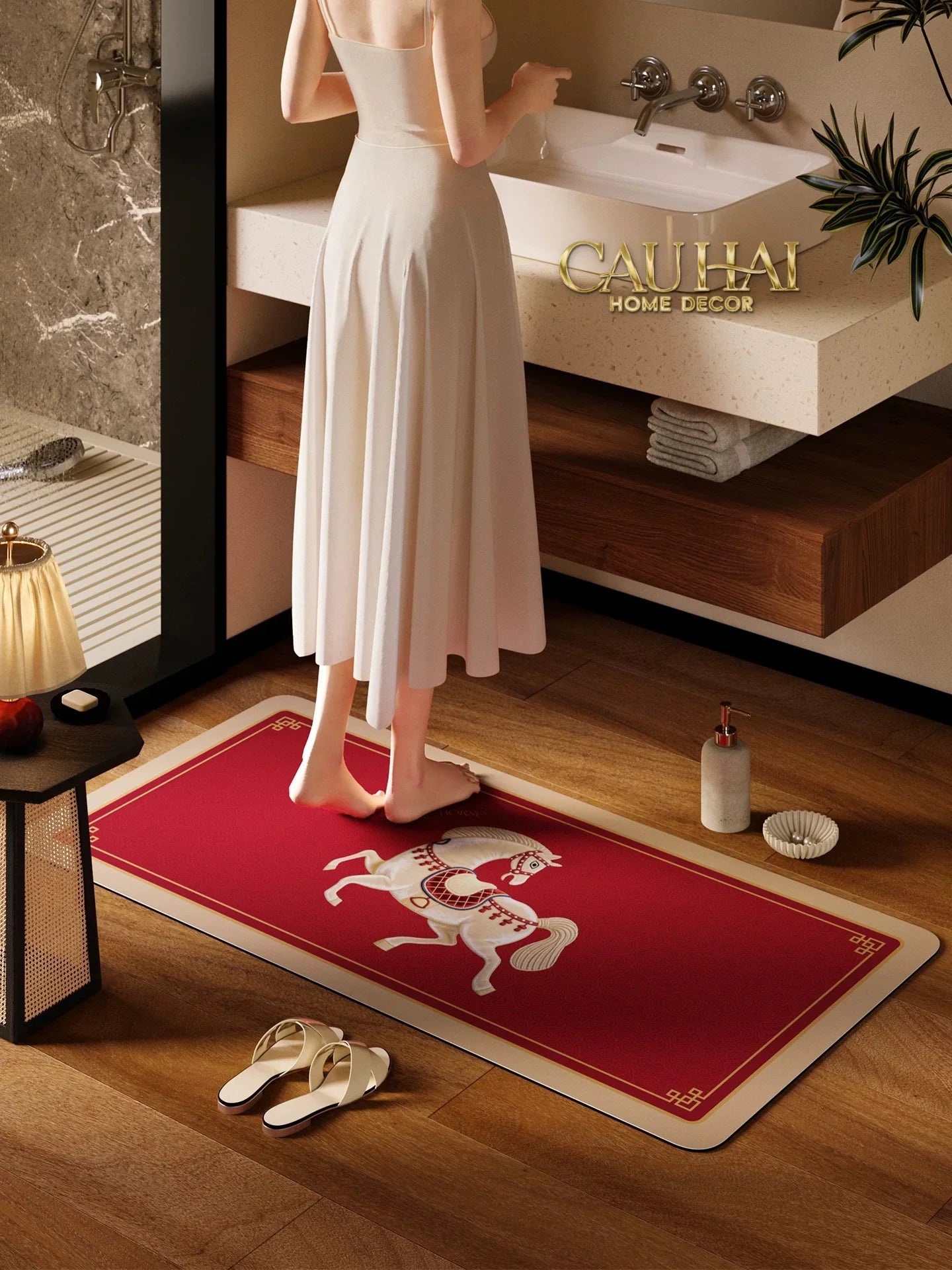 Thảm Cửa / Thảm Bathroom Micro Nappa Gen8 55*90/60*120 - Impérial Équestre Embroidered Cheval - Ruby Rouge-Thảm cửa / bathroom-CẬU HAI HOME DECOR
