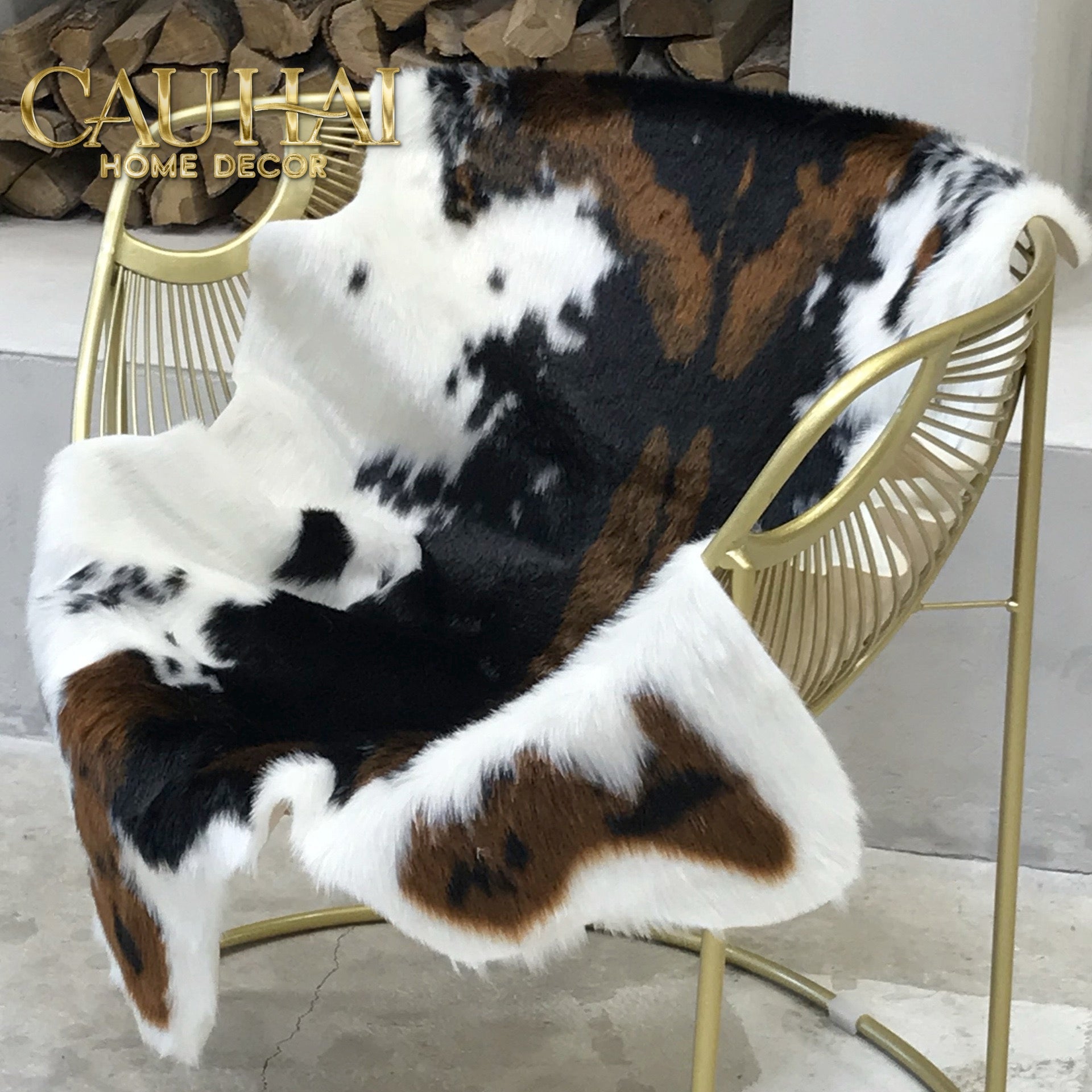 Thảm Lông Faux Fur Cowhide Cognac Noir 85x110-Thảm Lông-CẬU HAI HOME DECOR