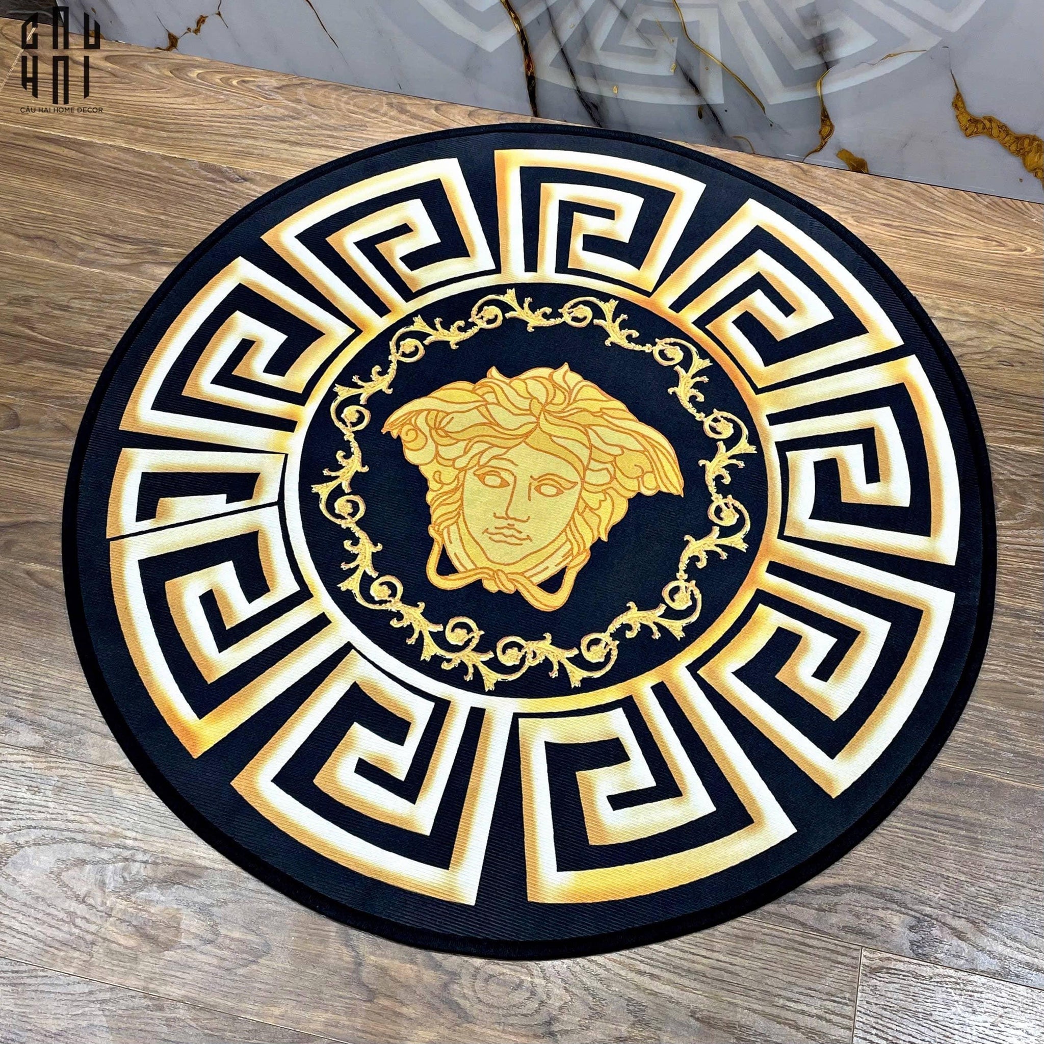 Thảm Tròn D80 Nhung Bỉ - Ronde Carpet Gianni Vers. Medusa Greek Key-CẬU HAI HOME DECOR
