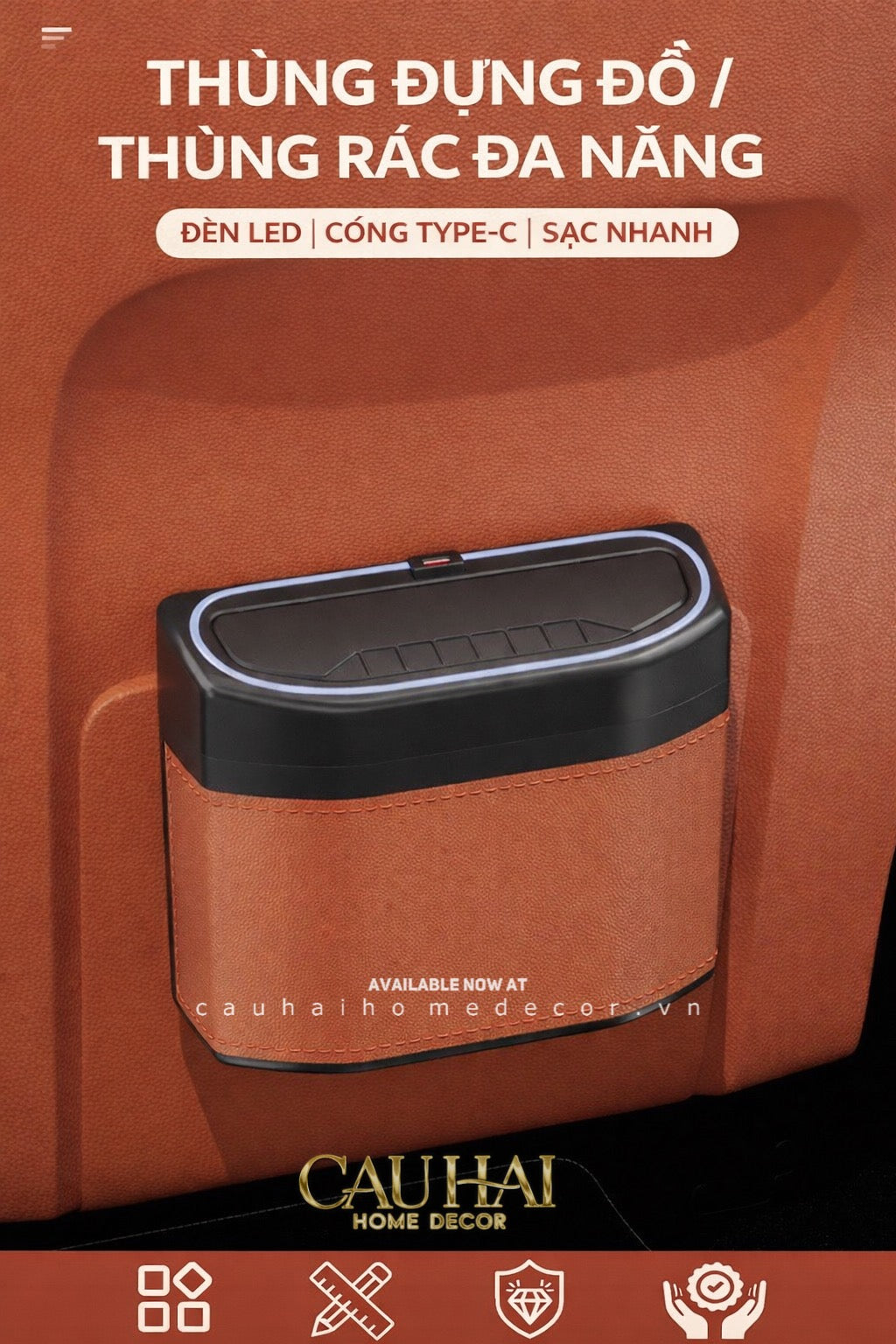 Thùng Rác Bọc Da Car Mini Bin - Cognac-Thùng Rác-CẬU HAI HOME DECOR