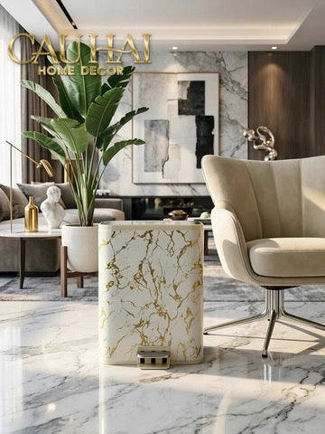 Thùng Rác Bọc Da Đạp Chân Thép Marble Silencieux Ivory 25L-CẬU HAI HOME DECOR-CẬU HAI HOME DECOR