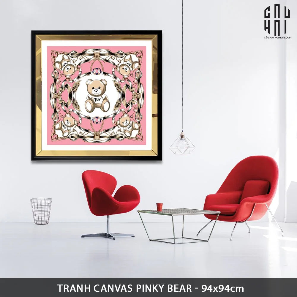 TRANH CANVAS PINKY BEAR 94X94CM - VIỀN GỖ CÓ KÍNH