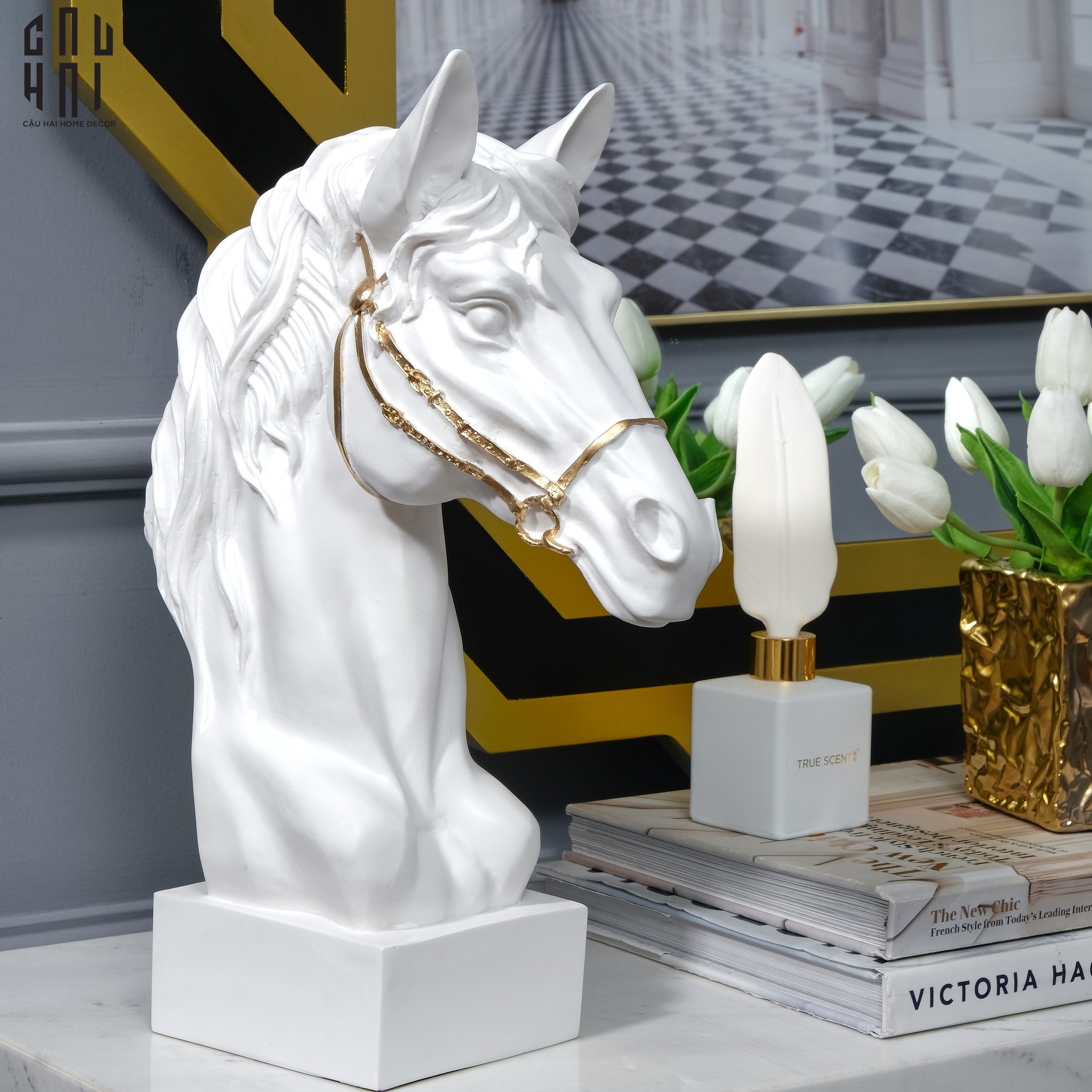 Tượng Đầu Ngựa Composite The Divine Pegasus - White H43-CẬU HAI HOME DECOR