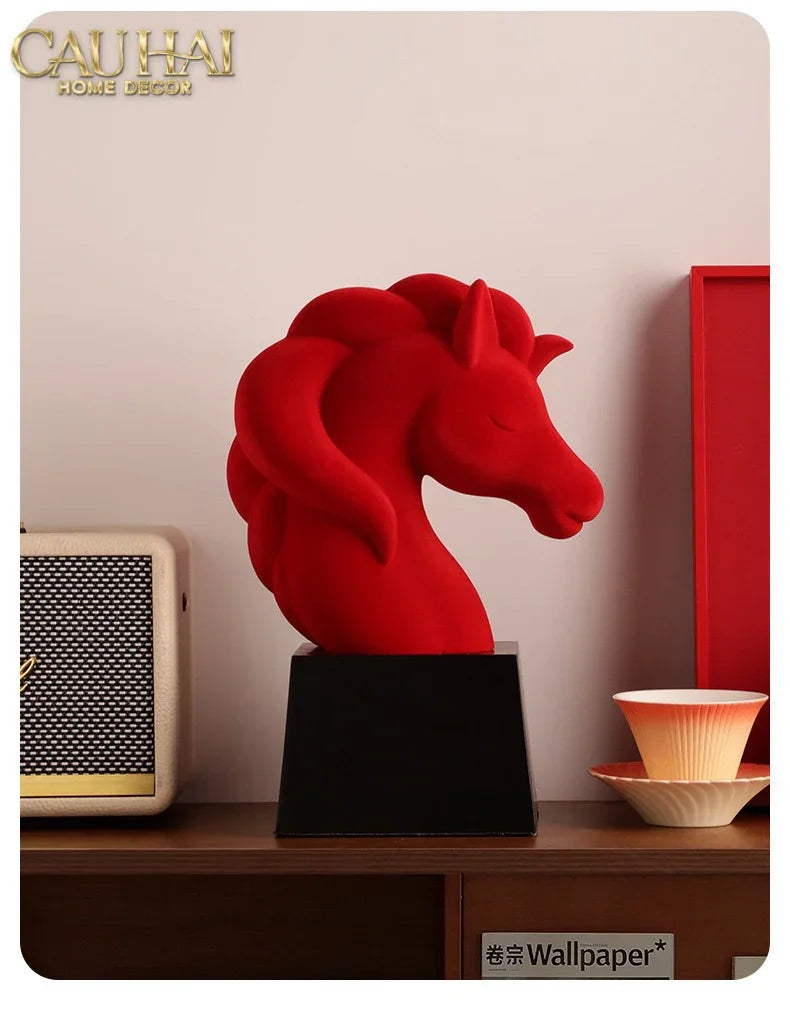 Tượng Đầu Ngựa Trang Trí Nhung Đỏ Tête De Cheval Rouge Velour Armour 29.5-TƯỢNG TRANG TRÍ-CẬU HAI HOME DECOR