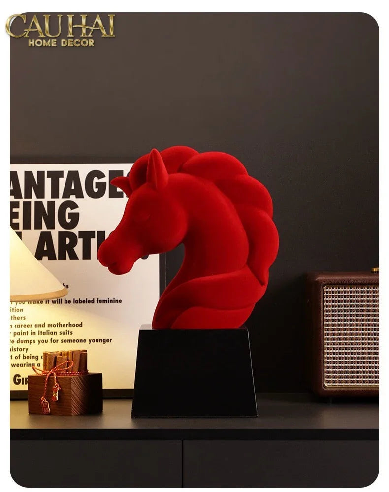 Tượng Đầu Ngựa Trang Trí Nhung Đỏ Tête De Cheval Rouge Velour Armour 29.5-TƯỢNG TRANG TRÍ-CẬU HAI HOME DECOR