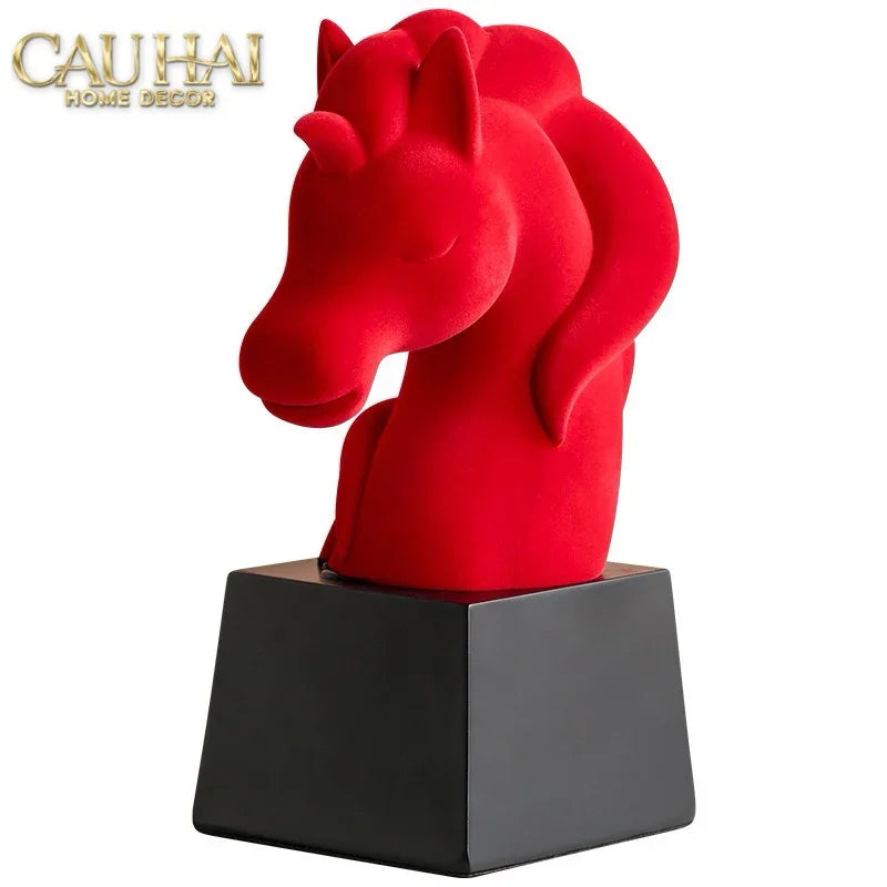 Tượng Đầu Ngựa Trang Trí Nhung Đỏ Tête De Cheval Rouge Velour Armour 29.5-TƯỢNG TRANG TRÍ-CẬU HAI HOME DECOR