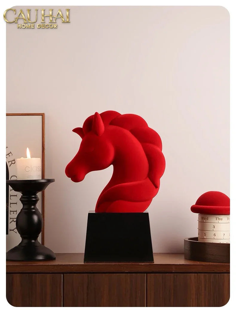 Tượng Đầu Ngựa Trang Trí Nhung Đỏ Tête De Cheval Rouge Velour Armour 29.5-TƯỢNG TRANG TRÍ-CẬU HAI HOME DECOR