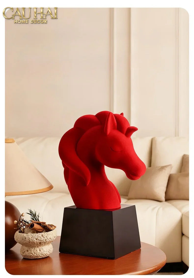 Tượng Đầu Ngựa Trang Trí Nhung Đỏ Tête De Cheval Rouge Velour Armour 29.5-TƯỢNG TRANG TRÍ-CẬU HAI HOME DECOR