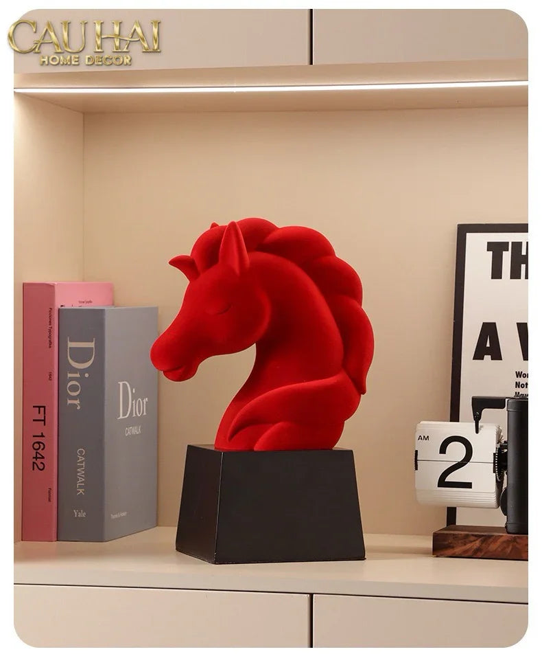 Tượng Đầu Ngựa Trang Trí Nhung Đỏ Tête De Cheval Rouge Velour Armour 29.5-TƯỢNG TRANG TRÍ-CẬU HAI HOME DECOR