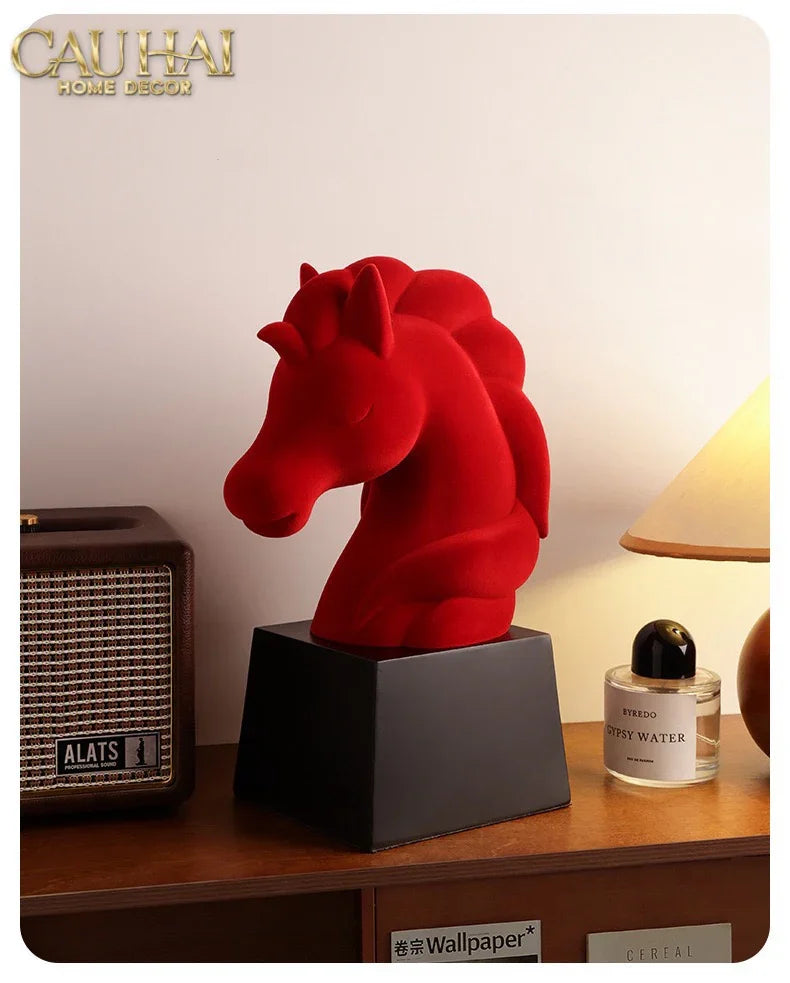Tượng Đầu Ngựa Trang Trí Nhung Đỏ Tête De Cheval Rouge Velour Armour 29.5-TƯỢNG TRANG TRÍ-CẬU HAI HOME DECOR