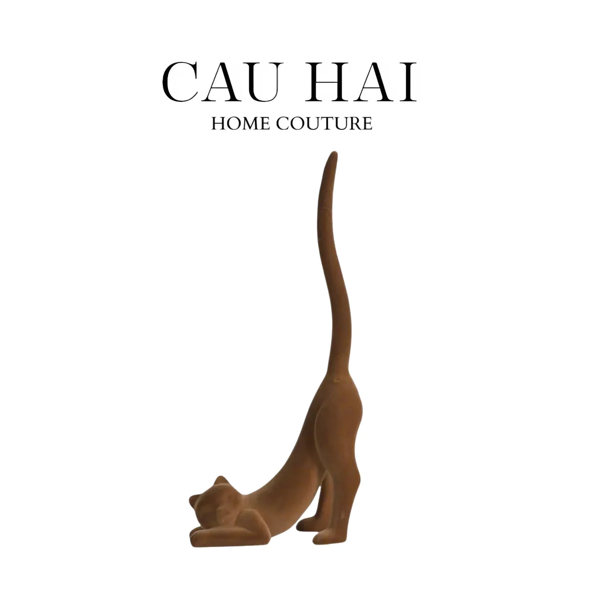 Tượng Mèo Vươn Mình Bọc Nhung Brun Velvet Stretchy Cat 16x37-CẬU HAI HOME DECOR