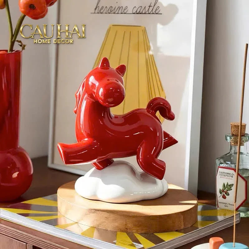 Tượng Ngựa Gốm Chu Mã An Yên Cloudborne Crimson Joyful Cheval-CẬU HAI HOME DECOR