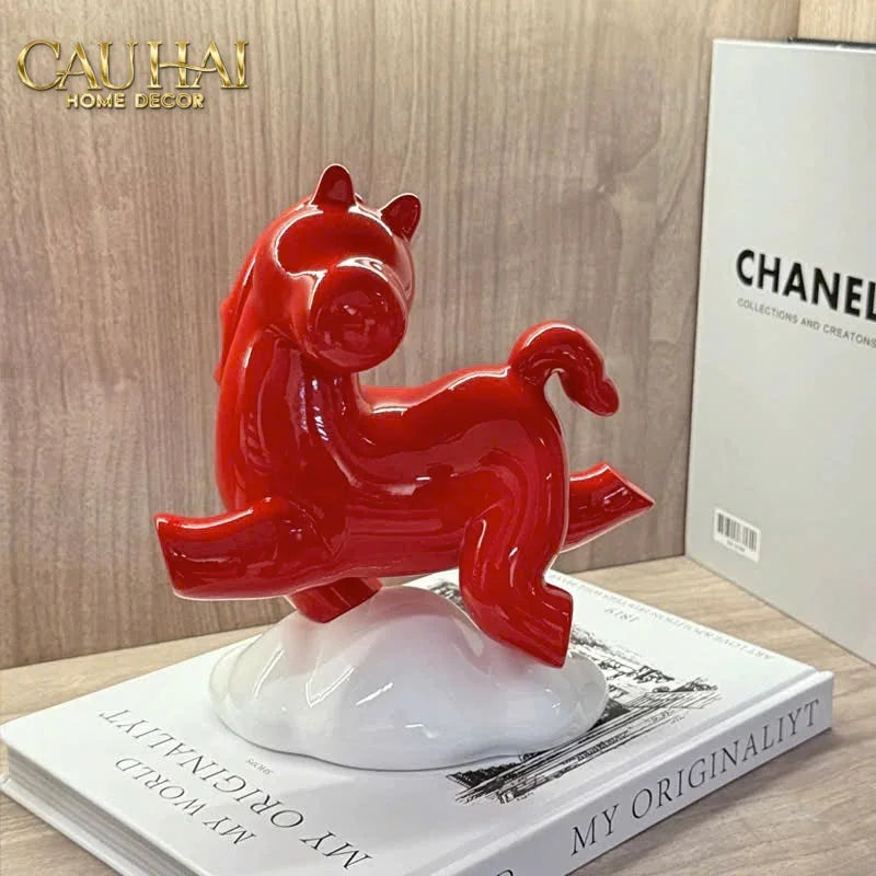 Tượng Ngựa Gốm Chu Mã An Yên Cloudborne Crimson Joyful Cheval-CẬU HAI HOME DECOR