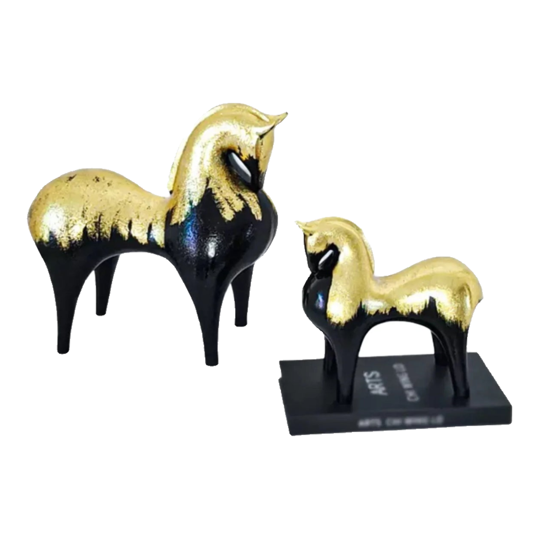 Maison Couture - Tượng Ngựa Gốm Mun Mài Dát Vàng Noir Laqué Feuille d’Or Tang Horse H24/H36