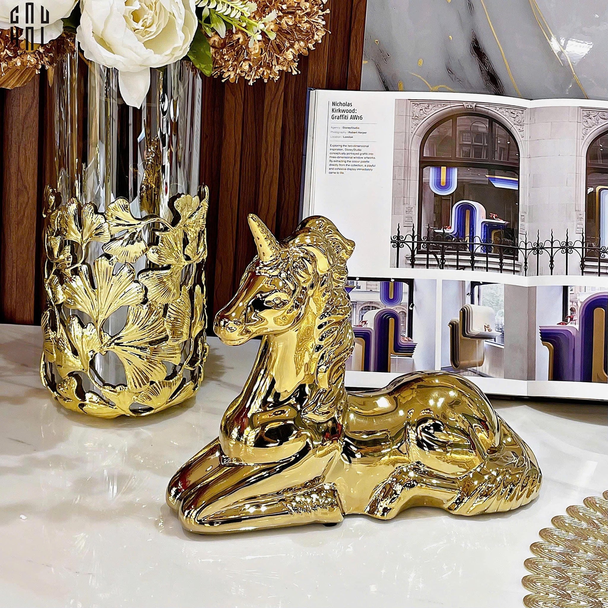 Tượng Trang Trí Golden Laying Unicorn Ss25-TƯỢNG TRANG TRÍ-CẬU HAI HOME DECOR